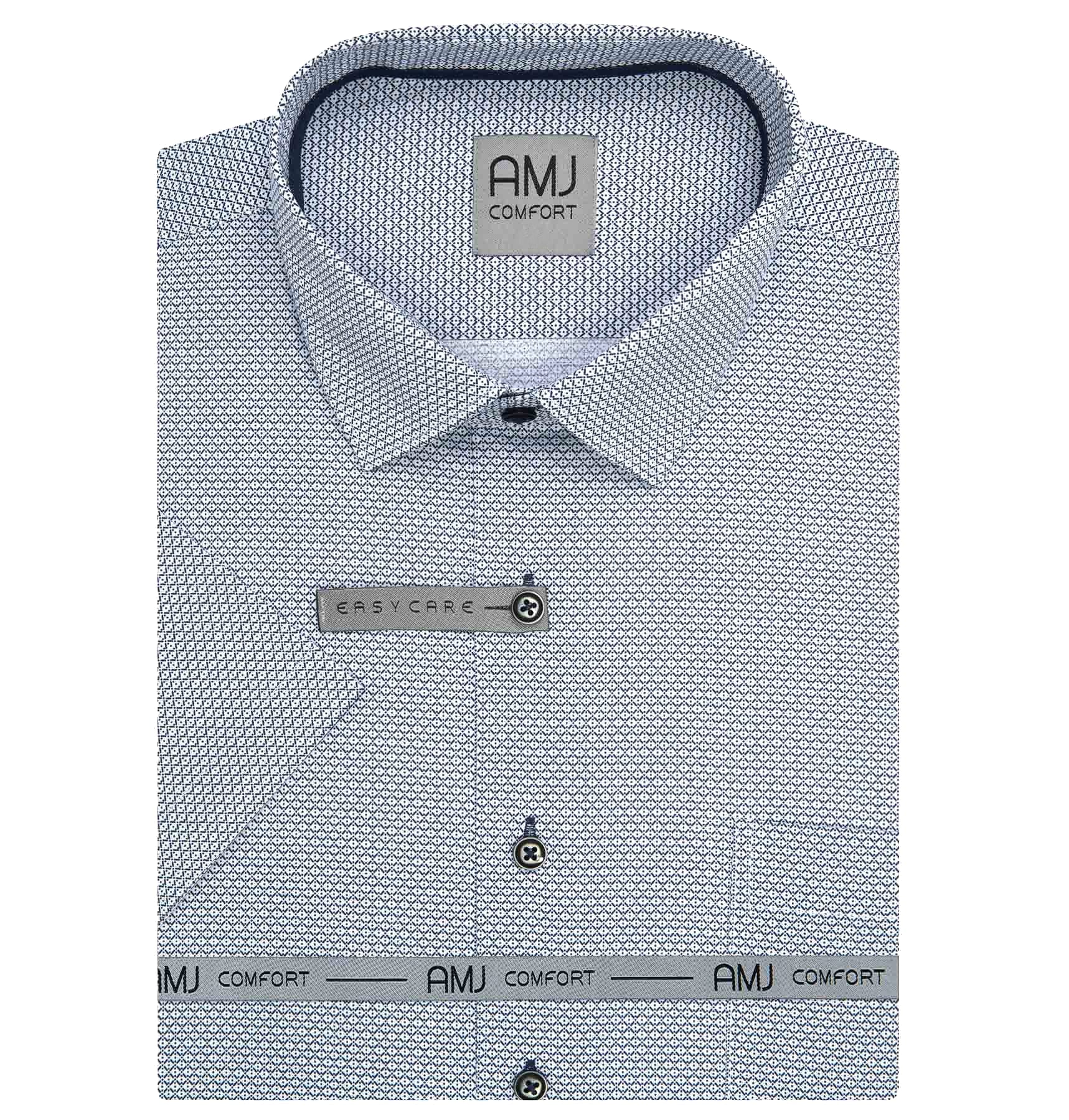 AMJ Pánská košile bavlněná, bílá, tmavě modře síťovaná, VKSBR1431, krátký rukáv, slim fit, vel. 45