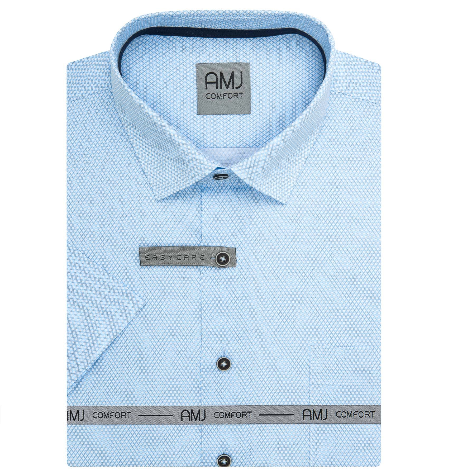 AMJ Pánská košile bavlněná, světle modrá s kosočtverci, VKSBR1435, krátký rukáv, slim fit, vel. 41