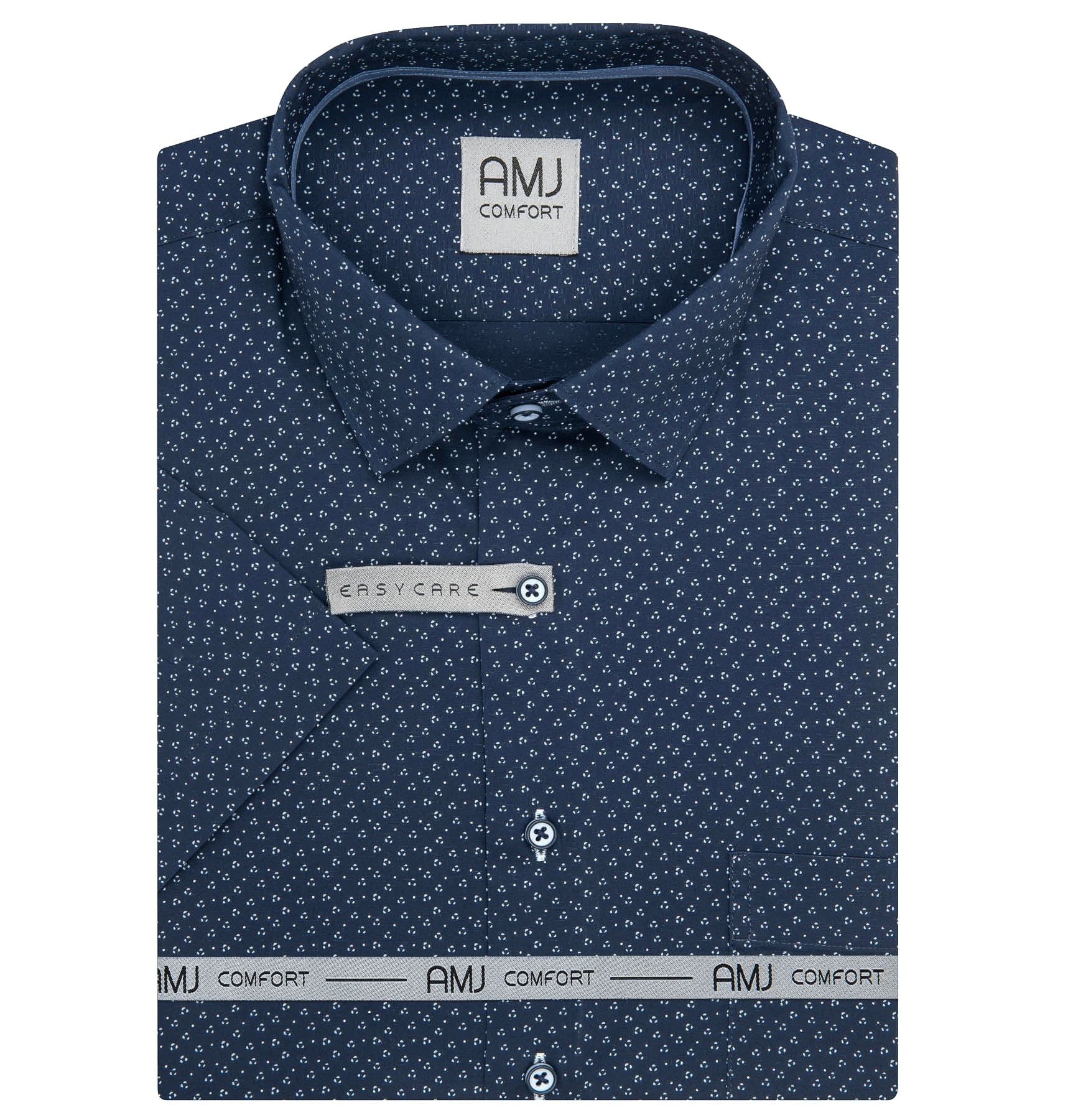 AMJ Pánská košile bavlněná, tmavě modrá s tečkovanými trojúhelníky, VKBR1440, krátký rukáv, regular fit, vel. 51/52