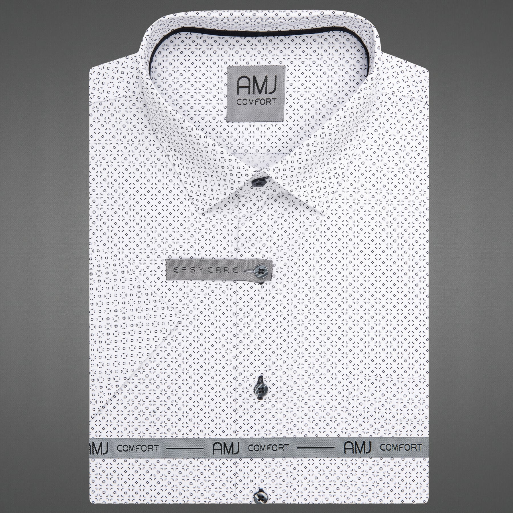 AMJ Pánská košile bavlněná, bílá, černé ornamenty, VKBR1443, krátký rukáv, regular fit, vel. 49/50