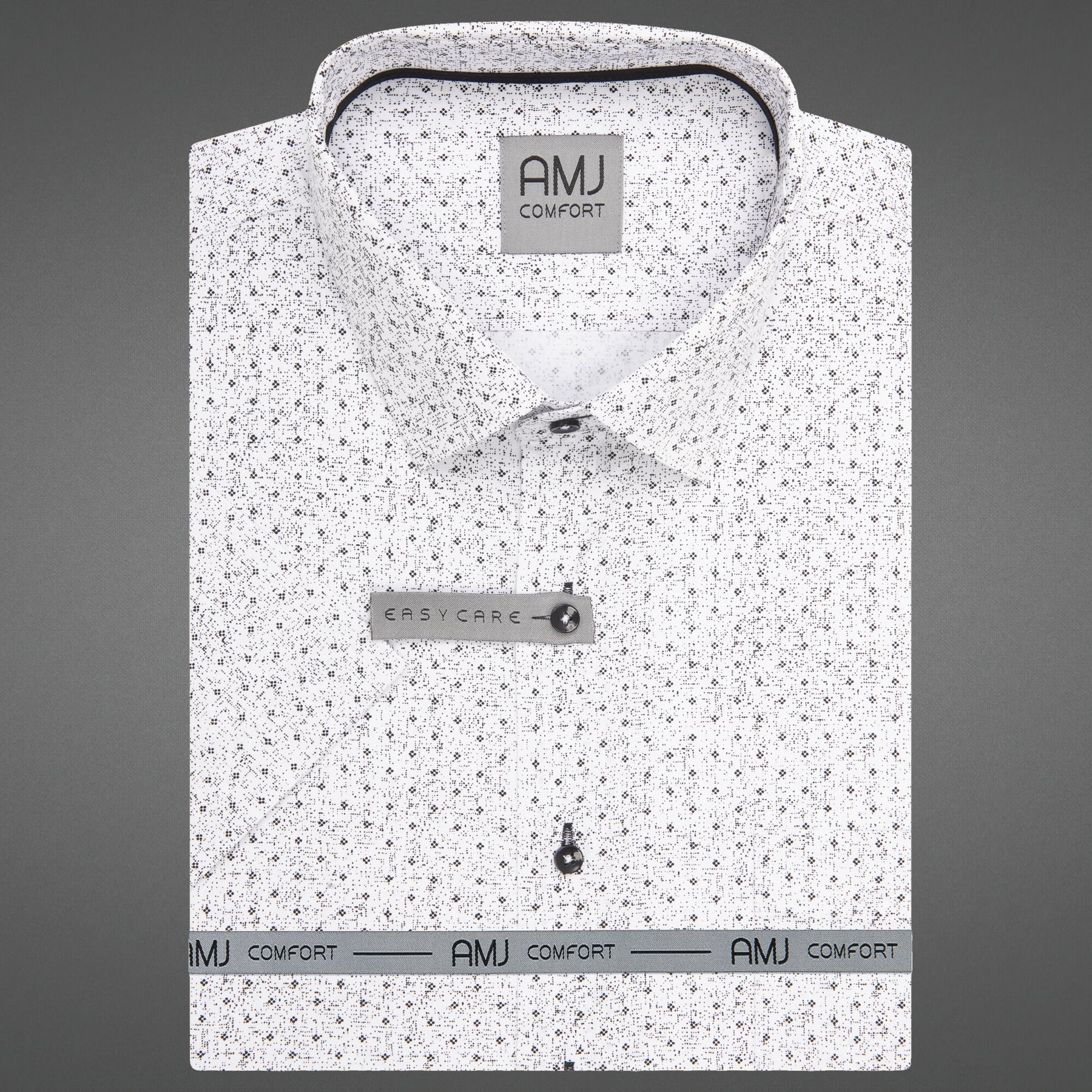 AMJ Pánská košile bavlněná, bílá, černě kropenatá, VKBR1447, krátký rukáv, regular fit, vel. 44