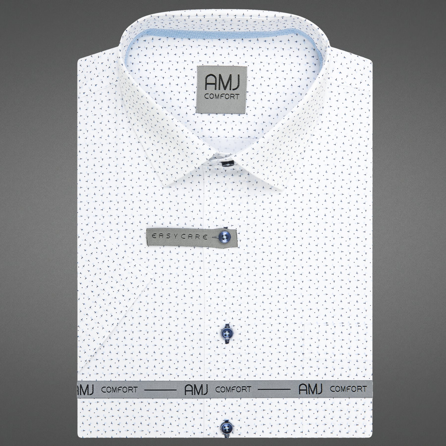 AMJ Pánská košile bavlněná, bílá, tmavě modré tečky a čárky, VKBR1449, krátký rukáv, regular fit, vel. 47/48