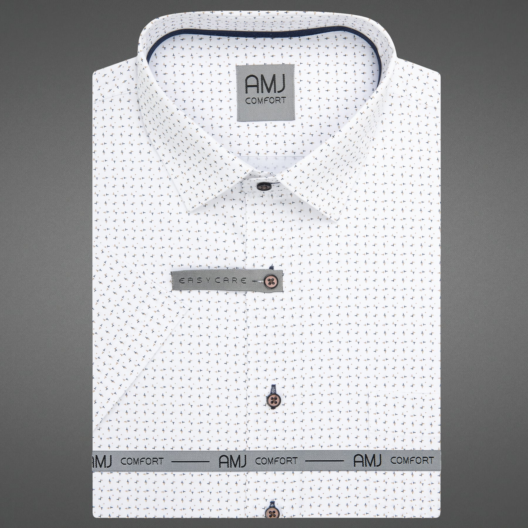 AMJ Pánská košile bavlněná, bílá, modrozlaté tečky a čárky, VKBR1452, krátký rukáv, regular fit, vel. 41