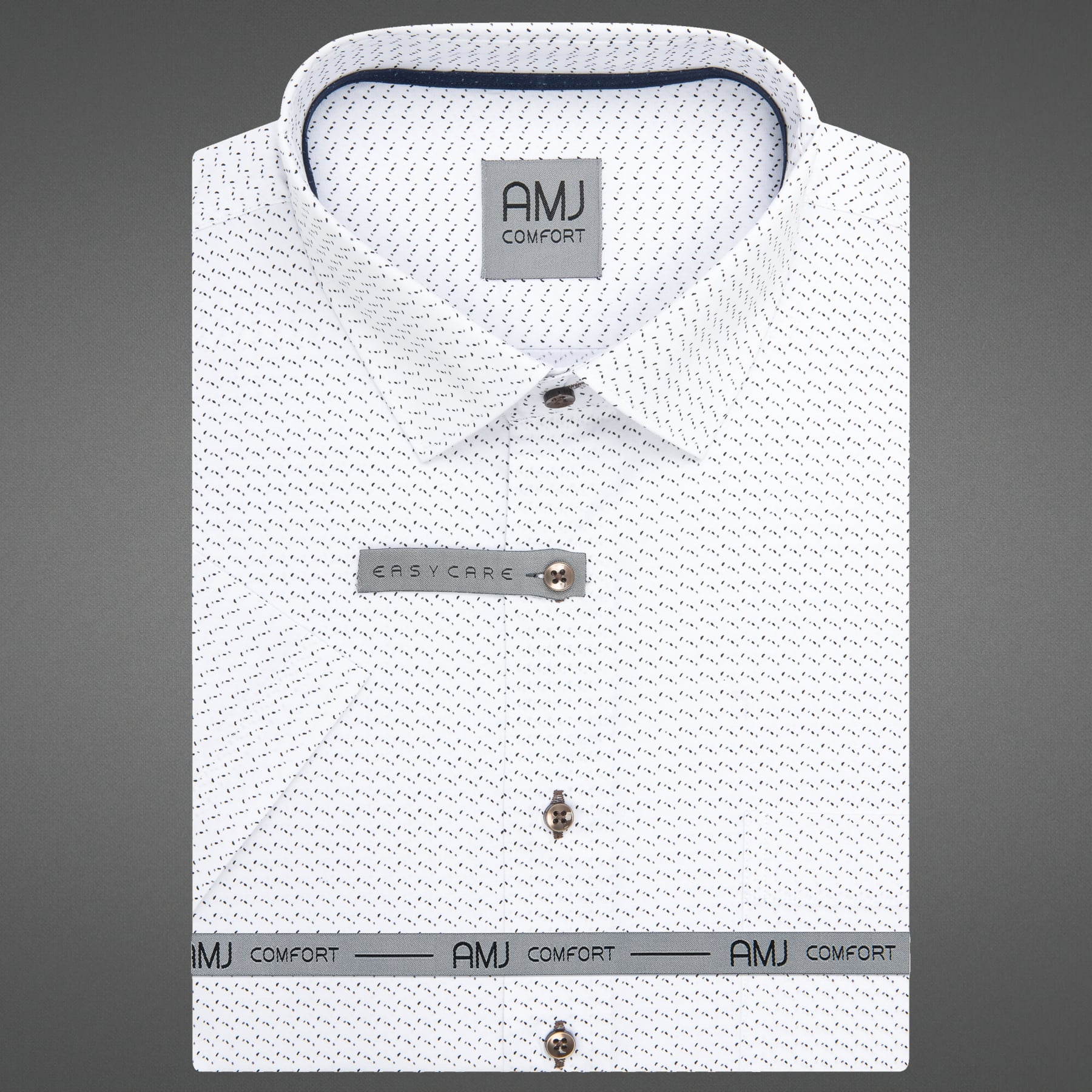 AMJ Pánská košile bavlněná, bílá, hnědé tečky, VKSBR1453, krátký rukáv, slim fit, vel. 40