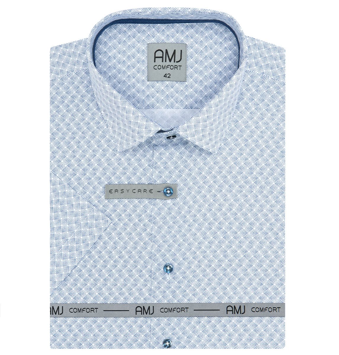 AMJ Pánská košile AMJ bavlněná, modré puntíky na bílé, VKBR1279, krátký rukáv, regular fit, vel. 44