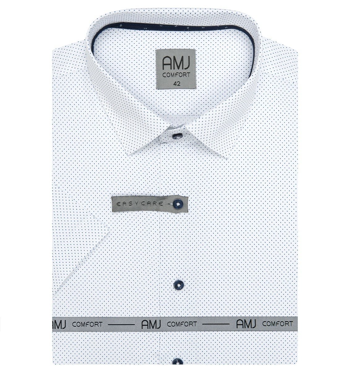 AMJ pánská košile bavlněná, bílá s drobnými puntíky VKBR1229, krátký rukáv, regular fit, vel. 42
