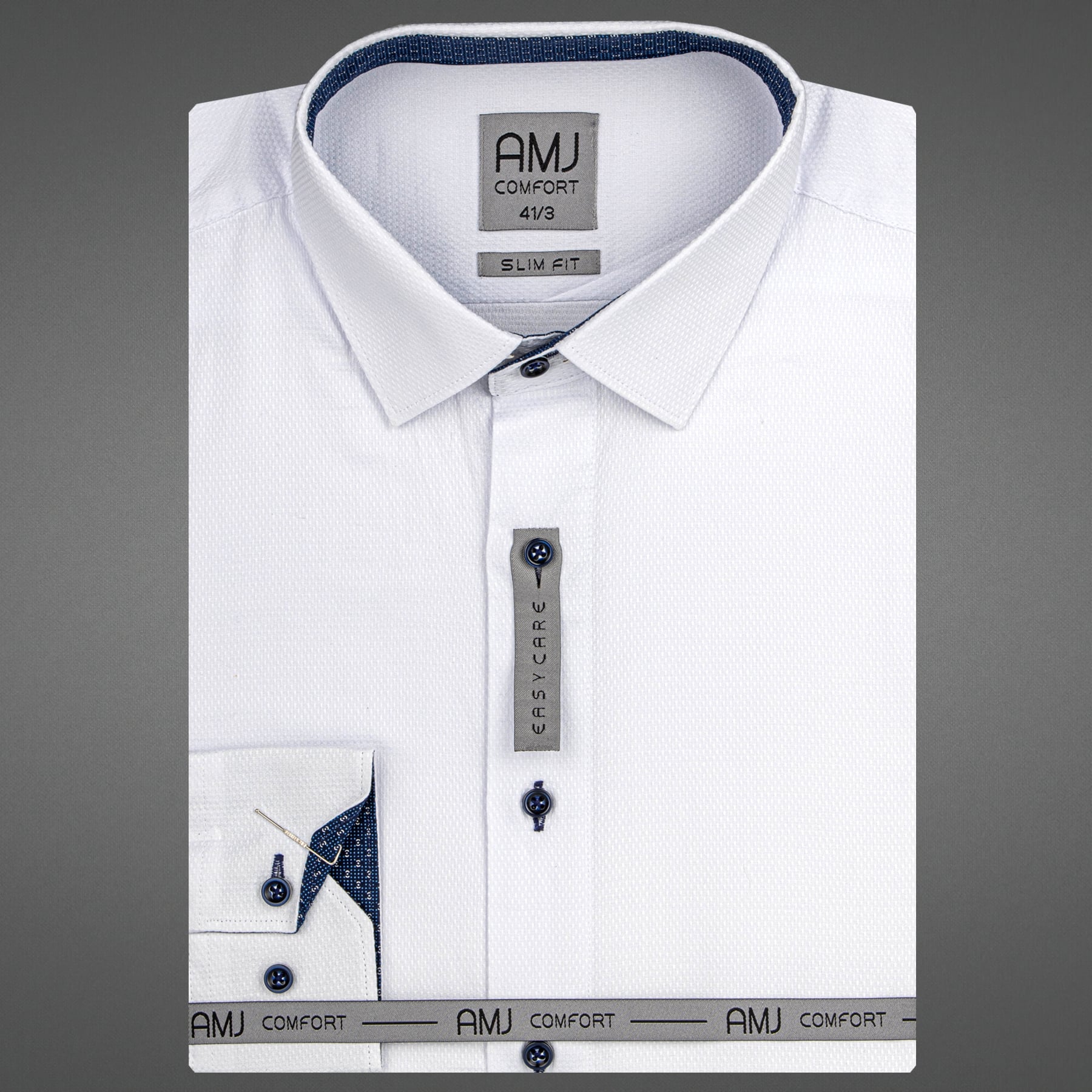 AMJ Pánská košile bavlněná, bílá vytláčený vzor, VDBPSR1154/22, dlouhý rukáv, prodloužená délka, slim fit, vel. 43