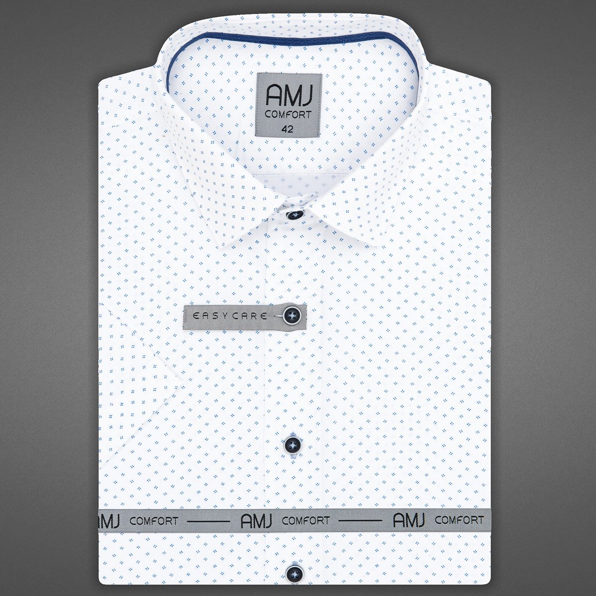 AMJ Pánská košile bavlněná, bílá s tečkovanými křížky VKSBR1287, krátký rukáv, slim-fit, vel. 42