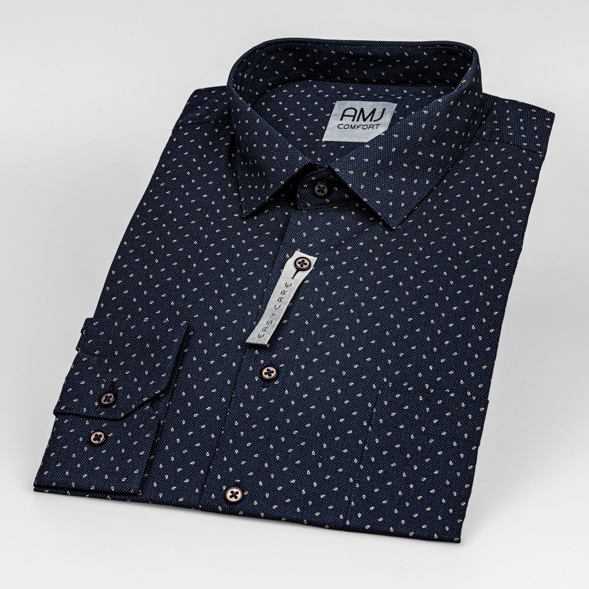 AMJ Pánská košile bavlněná, tmavě modrá s béžovými slzičkami, VDB1335, dlouhý rukáv, regular fit, vel. 49/50