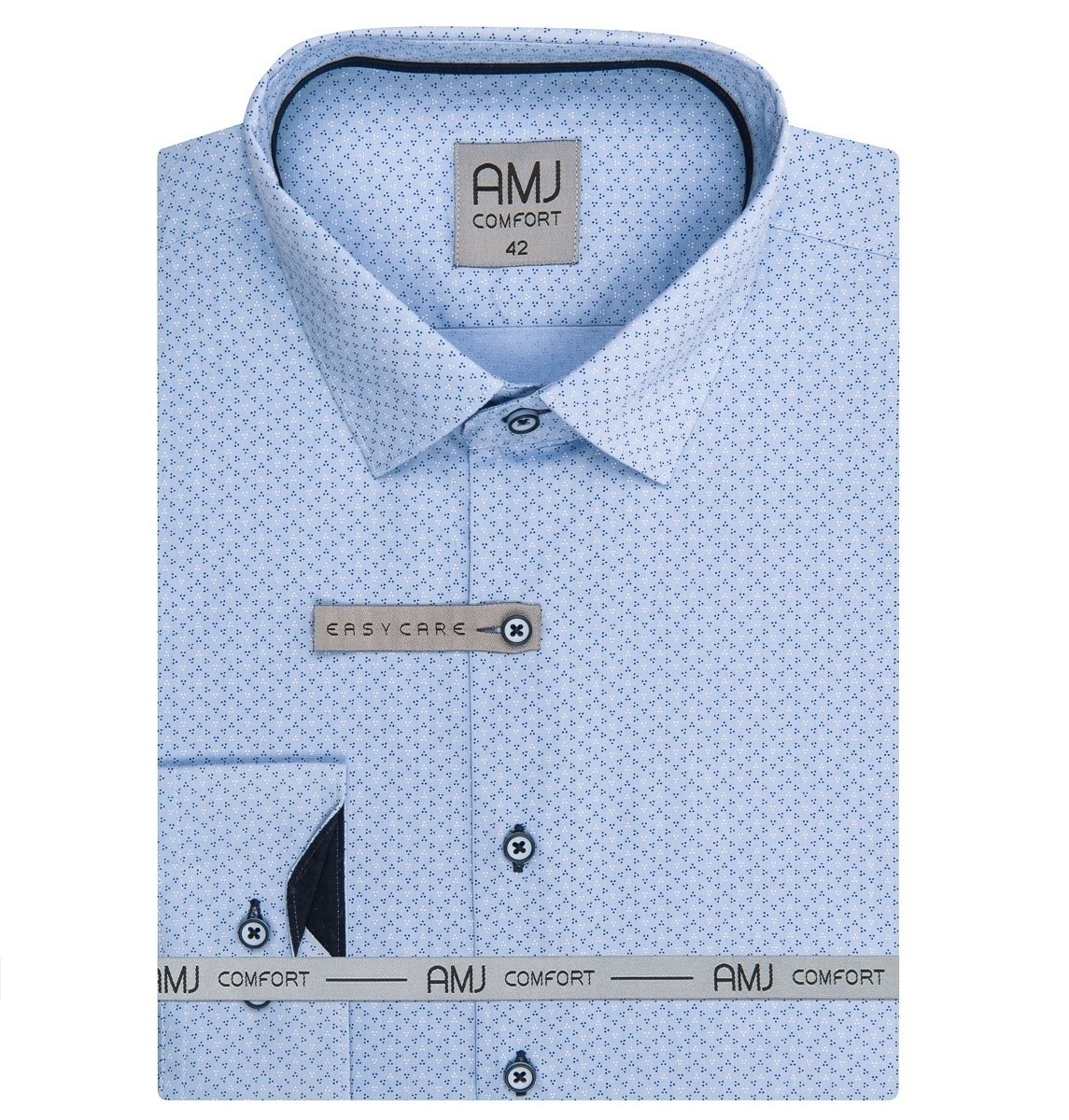 AMJ Pánská košile bavlněná, světle modrá s tečkovanými trojúhelníčky, VDBPR1245, dlouhý rukáv, prodloužená délka, vel. 41