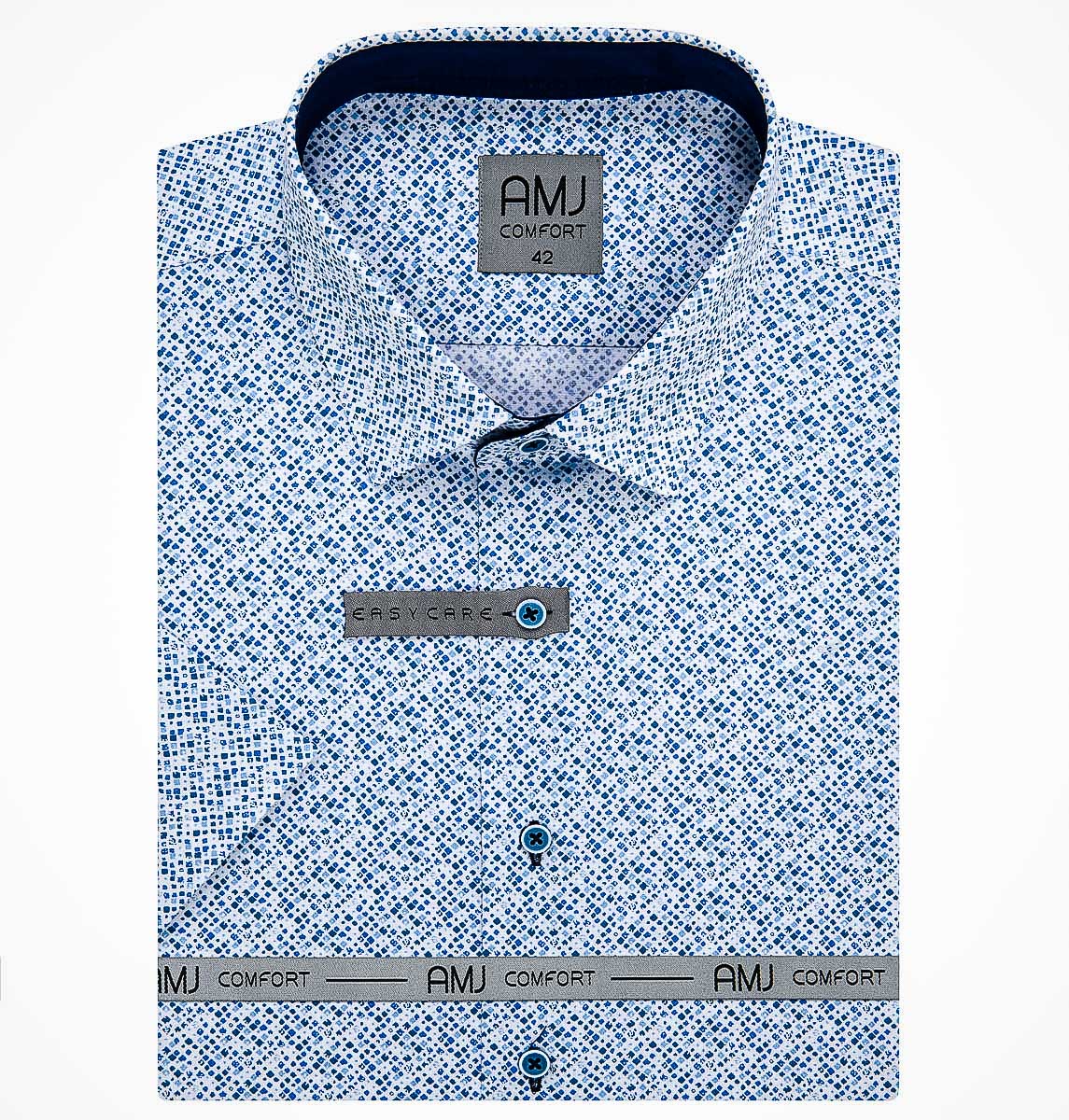 AMJ pánská košile bavlněná, modro-bílá mramorová kostka VKBR1208, krátký rukáv, regular fit, vel. 42