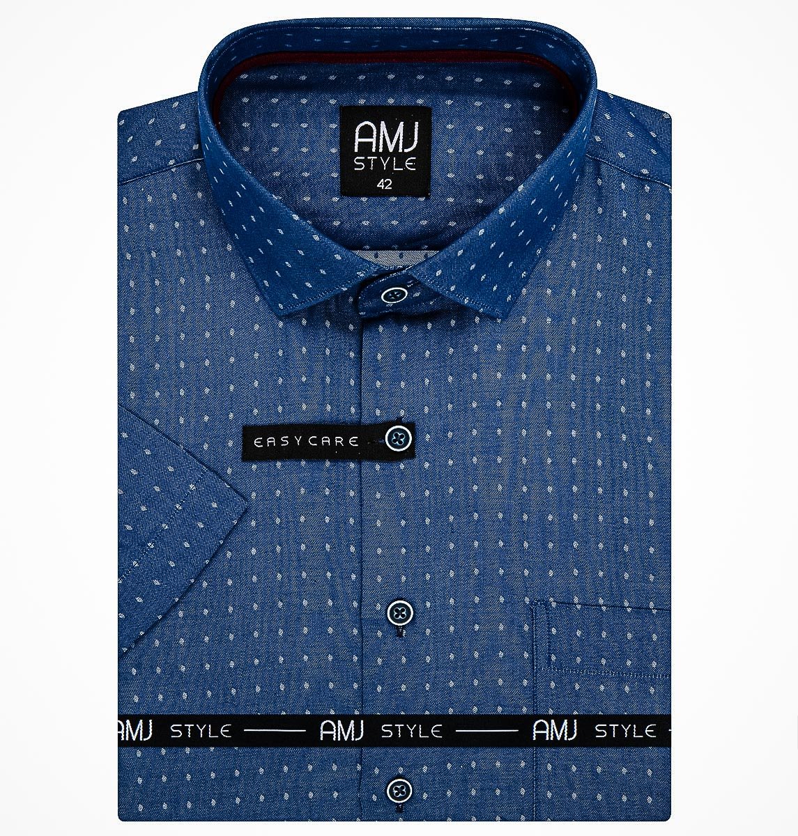 AMJ Pánská košile, modrá puntíkovaná VKSR1126, krátký rukáv, slim-fit, vel. 43