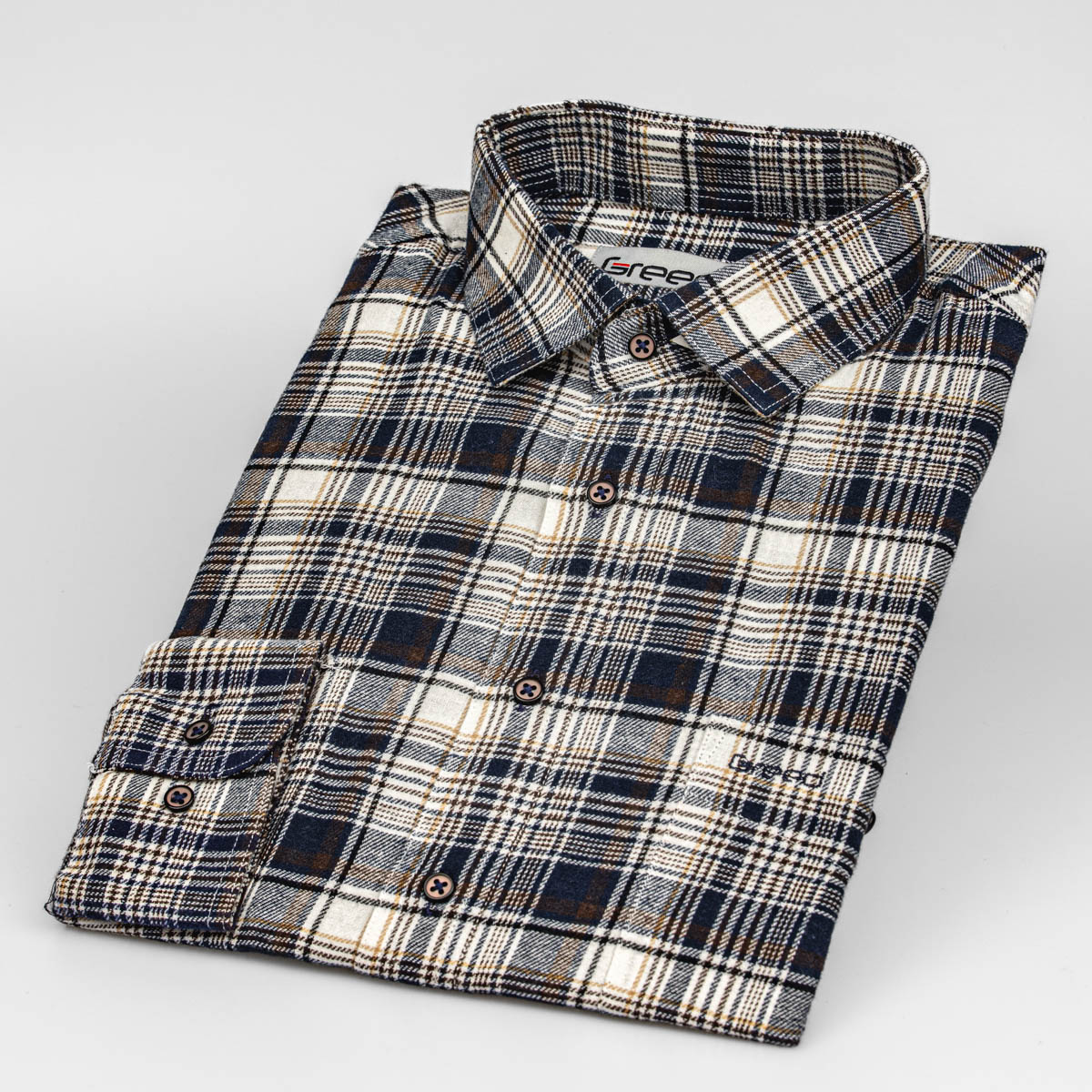 AMJ Pánská košile GREED flanelová, béžovo-modrá károvaná SDF383, dlouhý rukáv, vel. 47/48