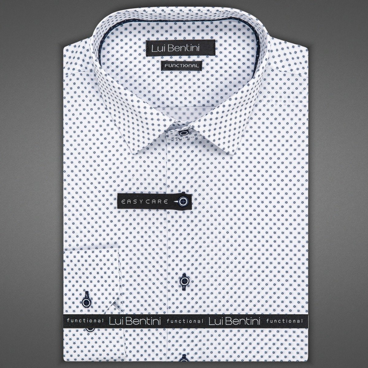 Pánská košile Lui Bentini FUNCTIONAL z lyocellu (na léto), bílá s tmavě modrými kolečky s tečkami LDF238, dlouhý rukáv, regular fit, vel. 41