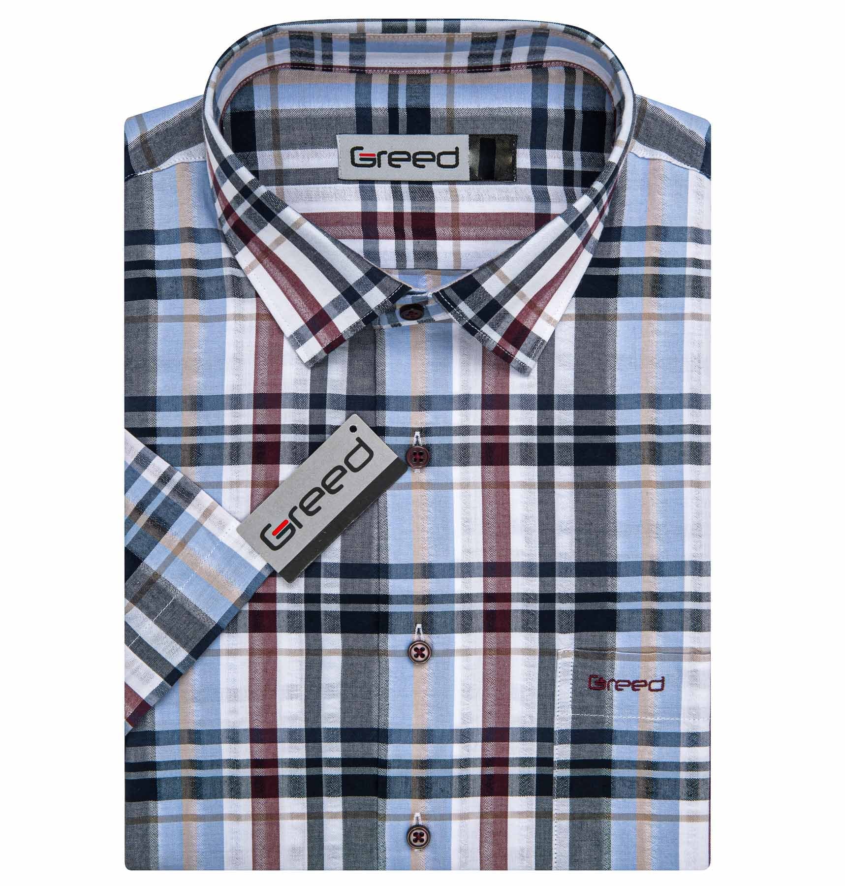 GREED pánská košile sportovní, světlé modro-šedo-bílé káro SK392, krátký rukáv, vel. 43