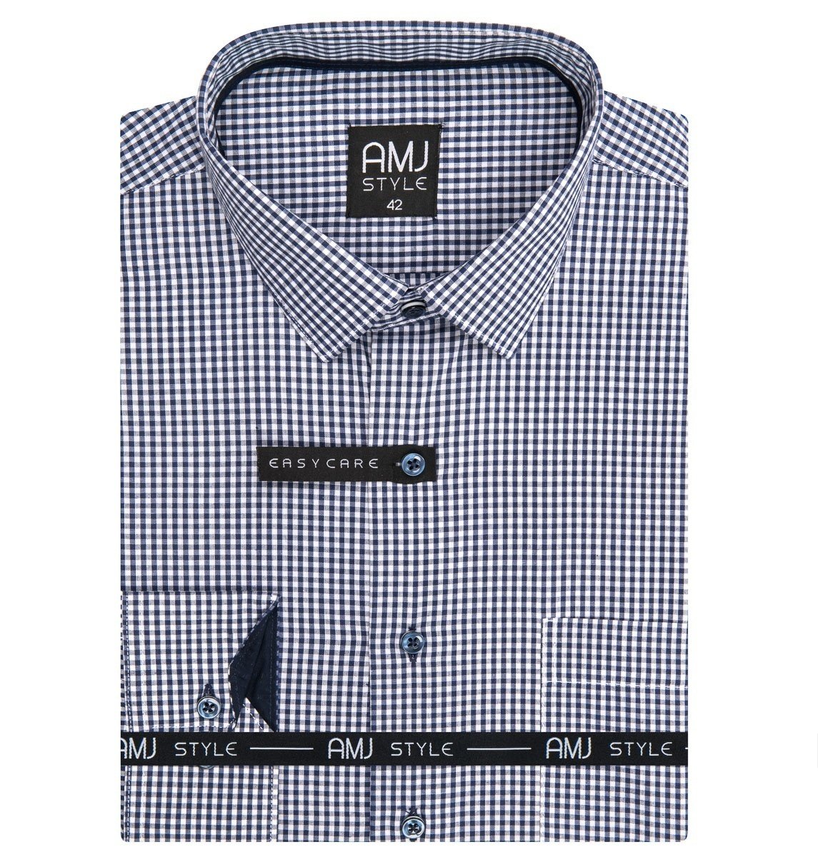 AMJ Pánská košile, modro-bílé drobné káro VDR1263, dlouhý rukáv, regular fit, vel. 45