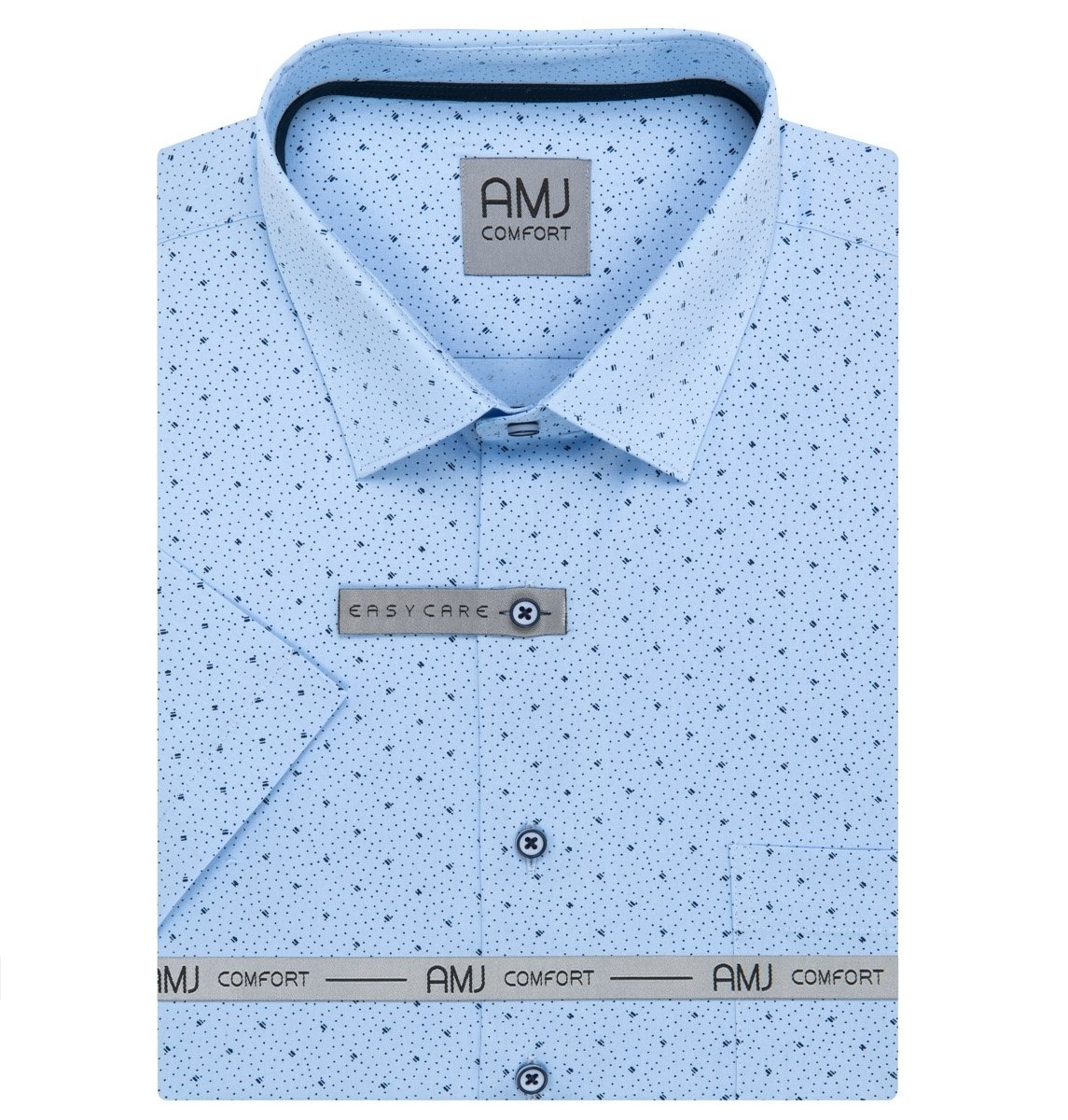 AMJ Pánská košile bavlněná, světle modrá s tečkami a čárkami, VKBR1372, krátký rukáv, regular fit, vel. 45