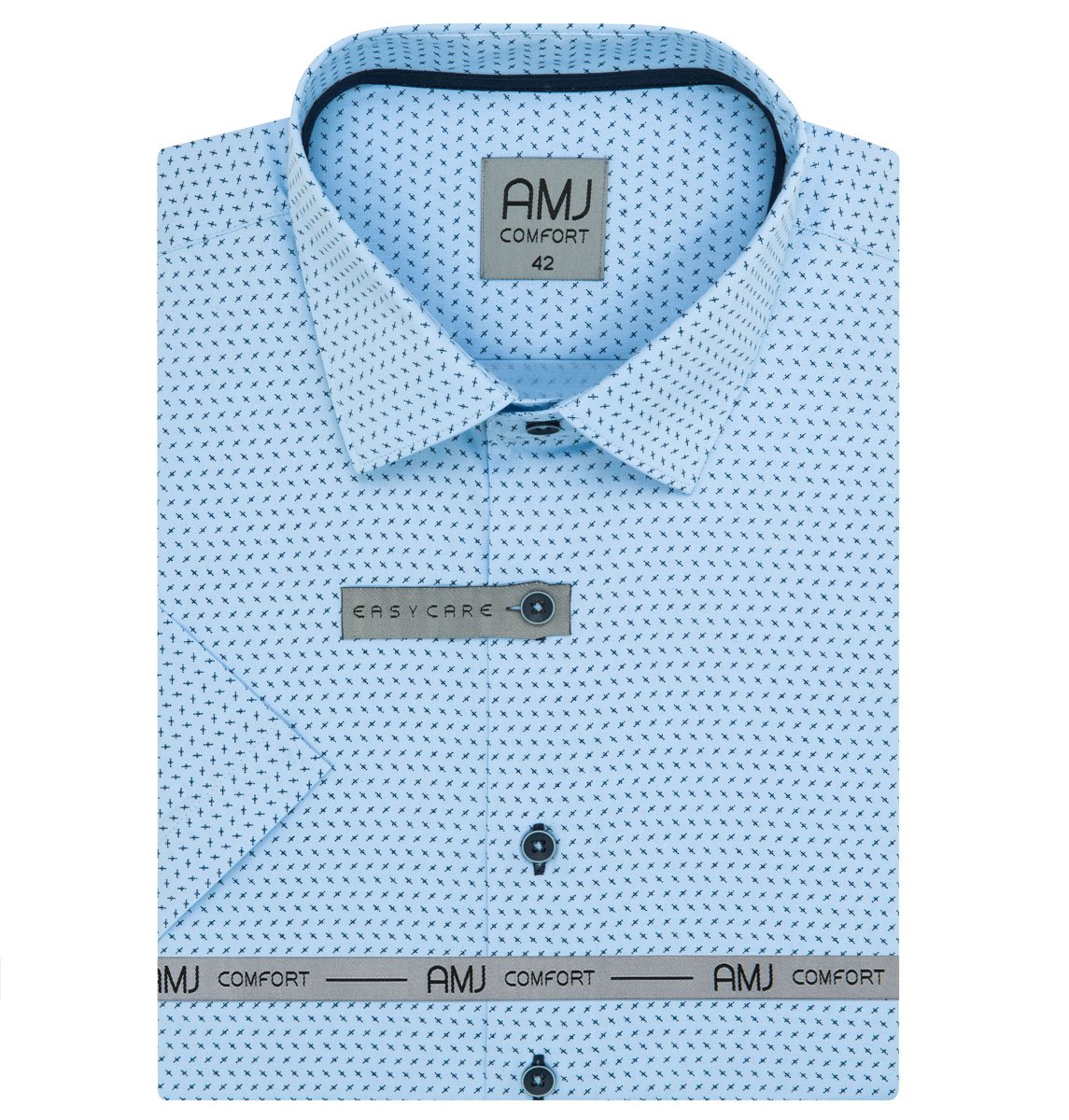 AMJ Pánská košile bavlněná, světle modrá s křížky, VKSBR1286, krátký rukáv, slim fit, vel. 38