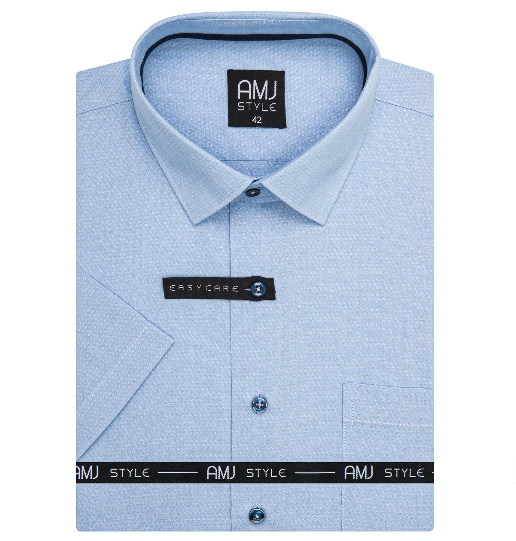 AMJ pánská košile, světle modrá s vytkávaným síťovaným vzorem, VKR1455, krátký rukáv, regular fit, vel. 40