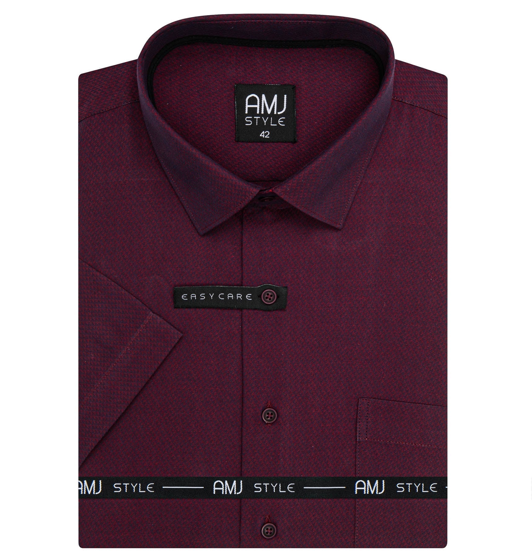 AMJ pánská košile, tmavě vínová s vytkávaným síťovaným vzorem, VKR1457, krátký rukáv, regular fit, vel. 41