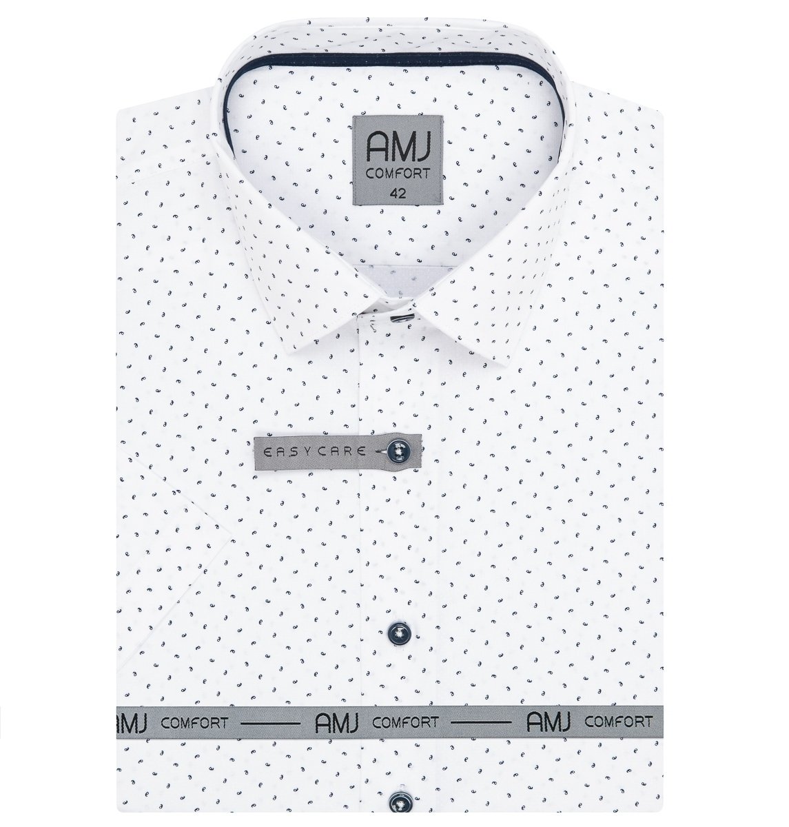 AMJ Pánská košile bavlněná, bílá s drobnými písmenky VKBR1275, krátký rukáv, slim-fit, vel. 45