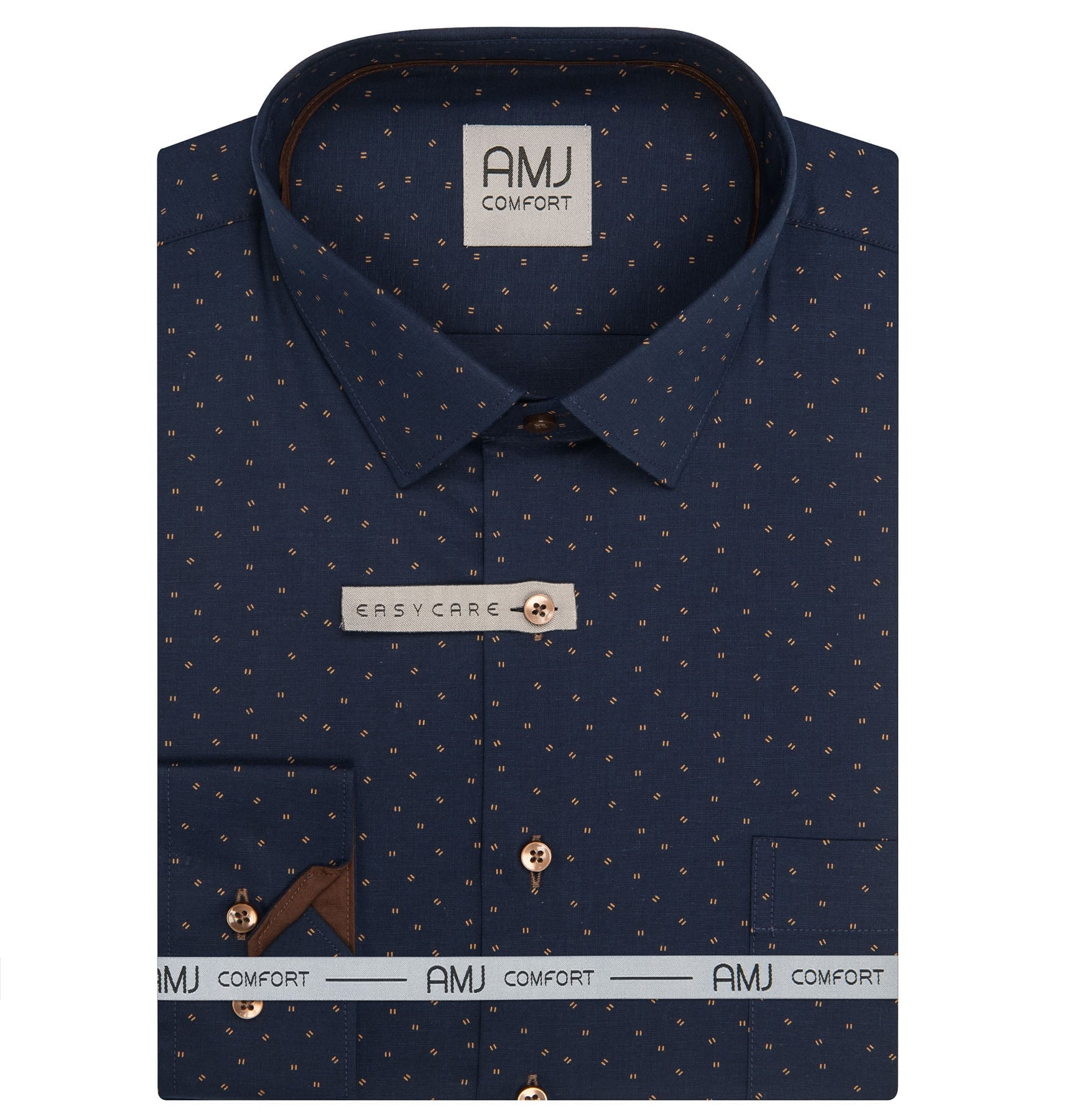 Pánská košile AMJ z lyocellu, tmavě modrá s hnědými dvojčárkami VDER1487, dlouhý rukáv, regular fit, vel. 43