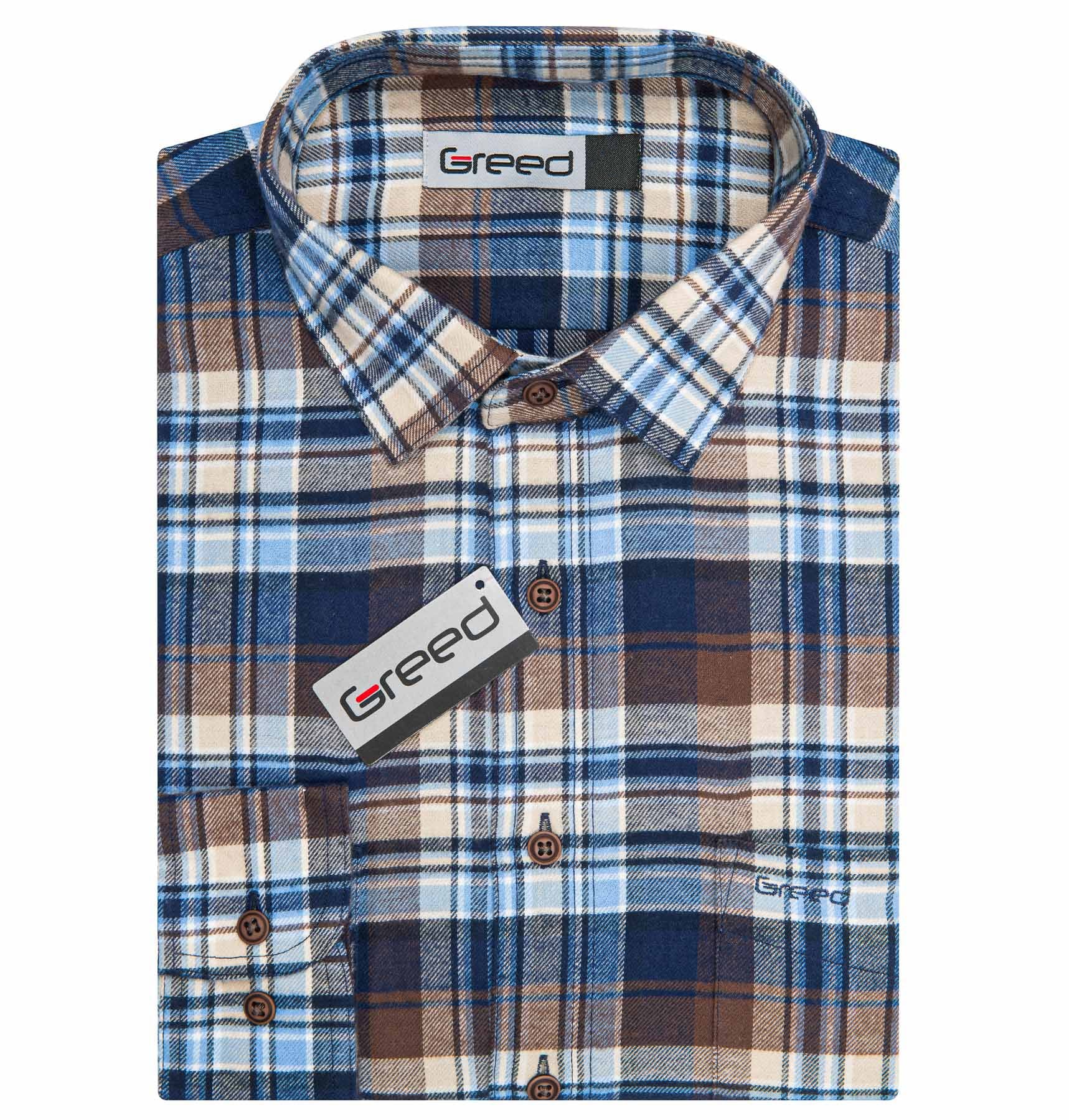 AMJ Pánská košile GREED flanelová, modro-béžová károvaná SDF393, dlouhý rukáv, vel. 41