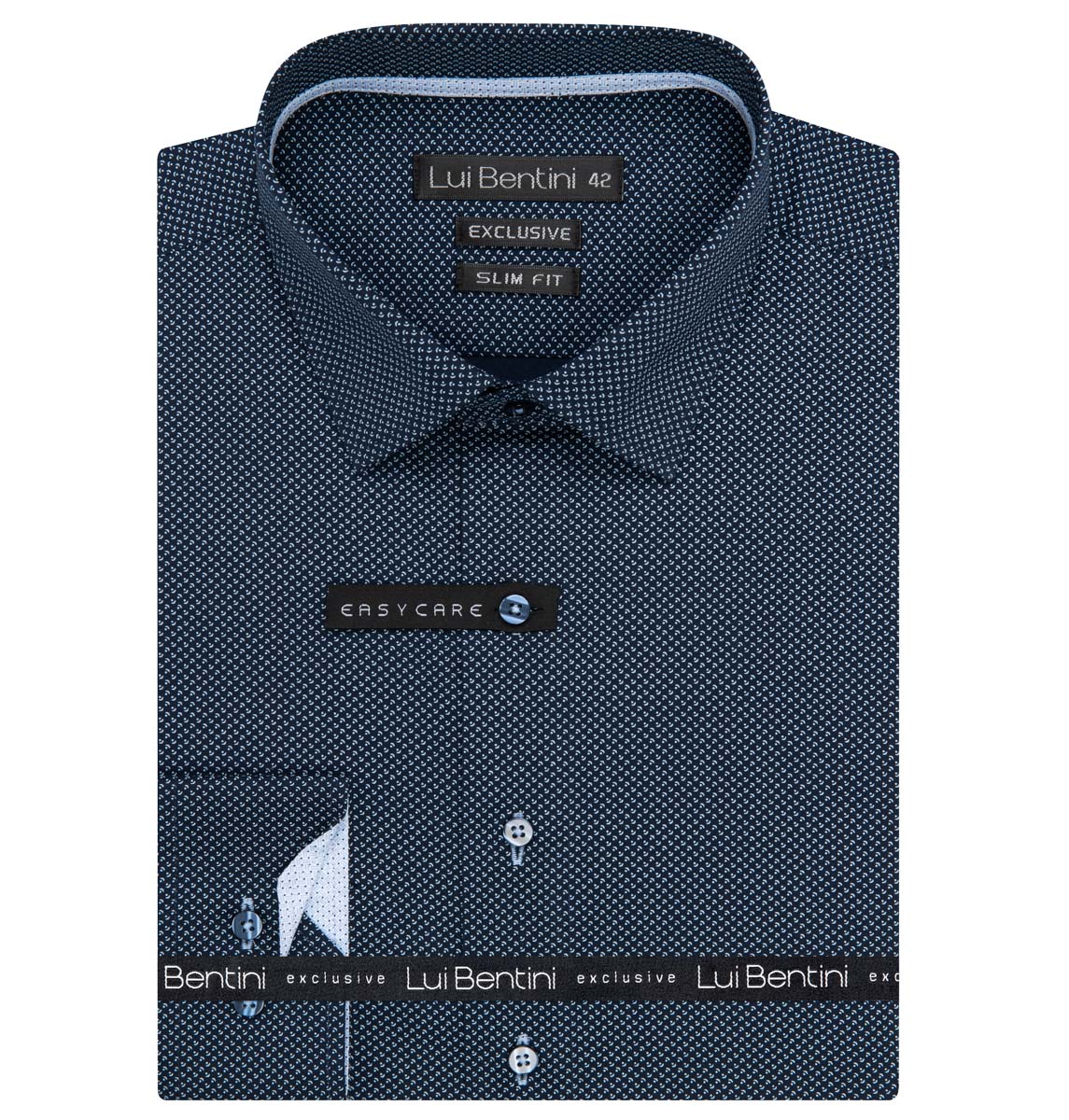 Pánská košile Lui Bentini, tmavě modrá s bílými vlnkami s tečkami LDS243, dlouhý rukáv, slim fit, vel. 41