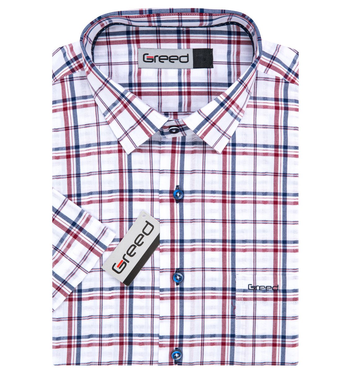 GREED pánská košile sportovní, červeno-modro-bílé káro SK386, krátký rukáv, vel. 45