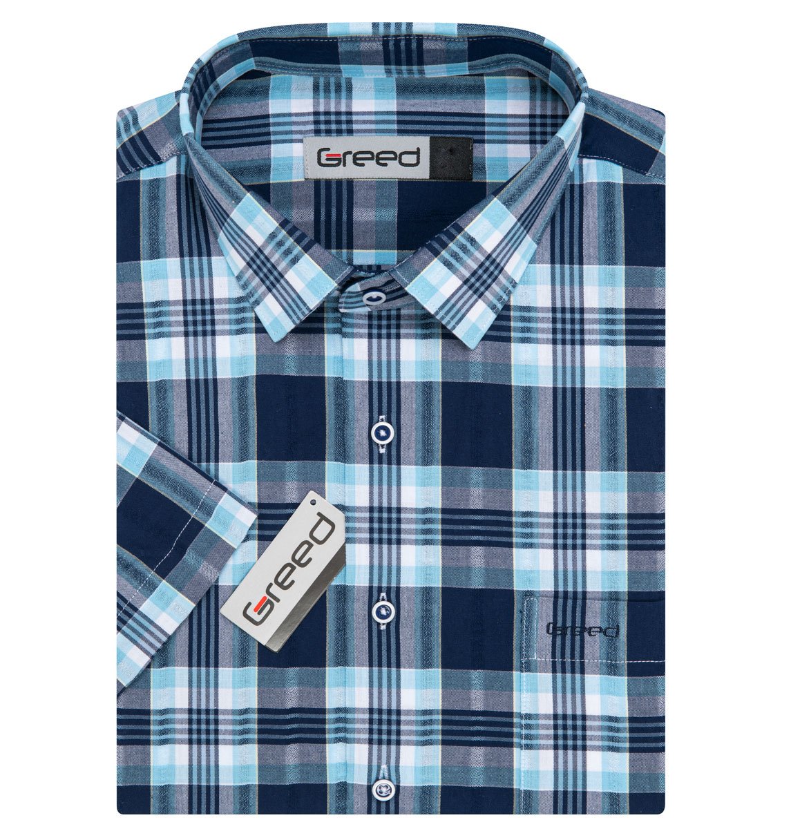 GREED pánská košile sportovní, modré káro SK387, krátký rukáv, vel. 40