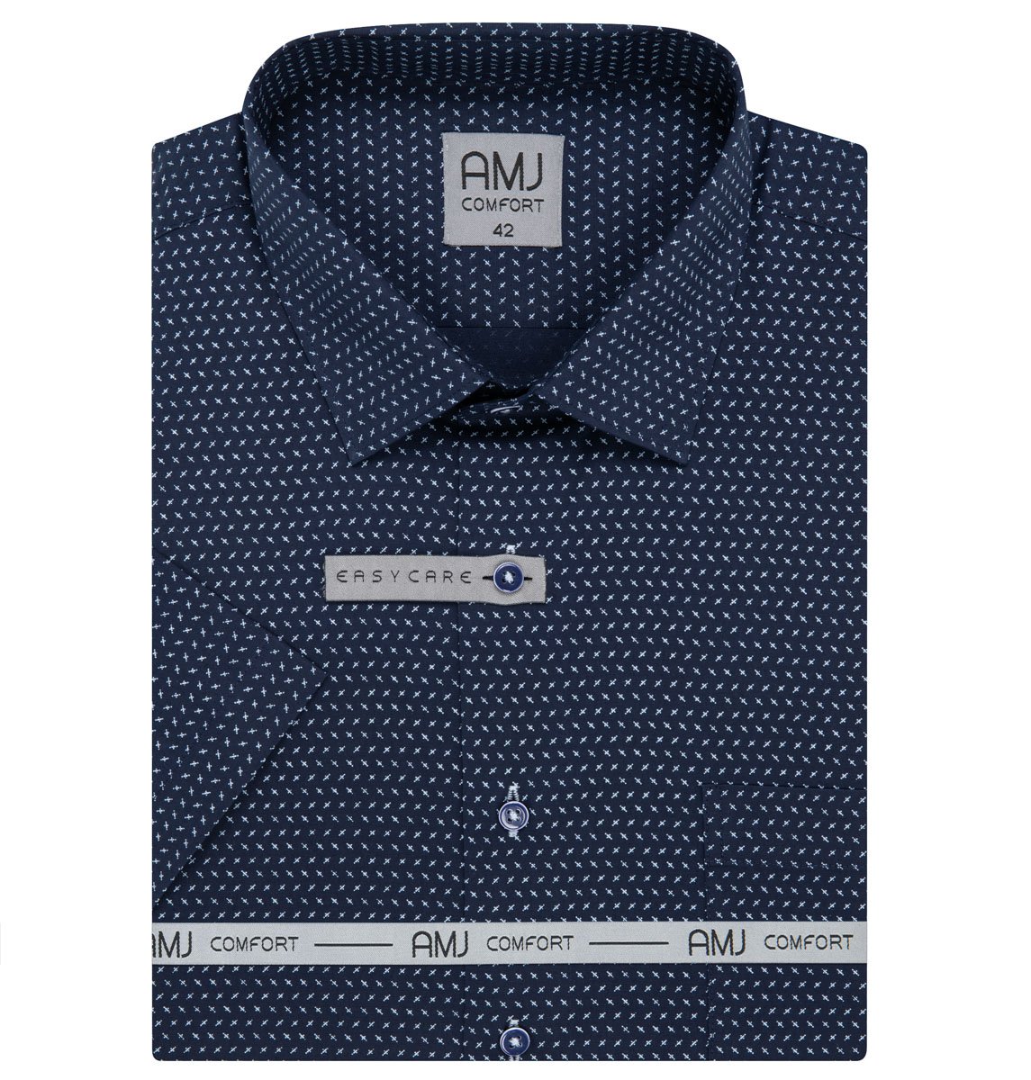 AMJ Pánská košile AMJ bavlněná, modrá s křížky, VKB1377, krátký rukáv, slim-fit, vel. 39