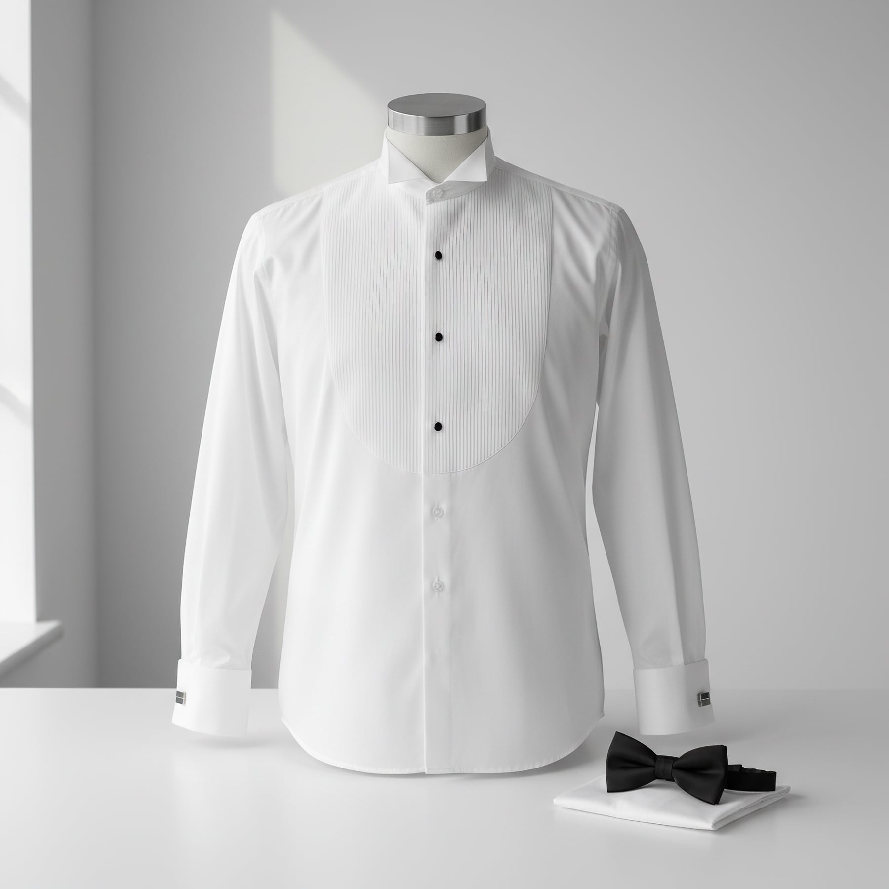 Levně Luxusní pánská smokingová košile s náprsenkou na manžetové knoflíčky ANREDE Šohaj Strážnice, bílá 7932 ES, dlouhý rukáv, slim fit, vel. 41-42