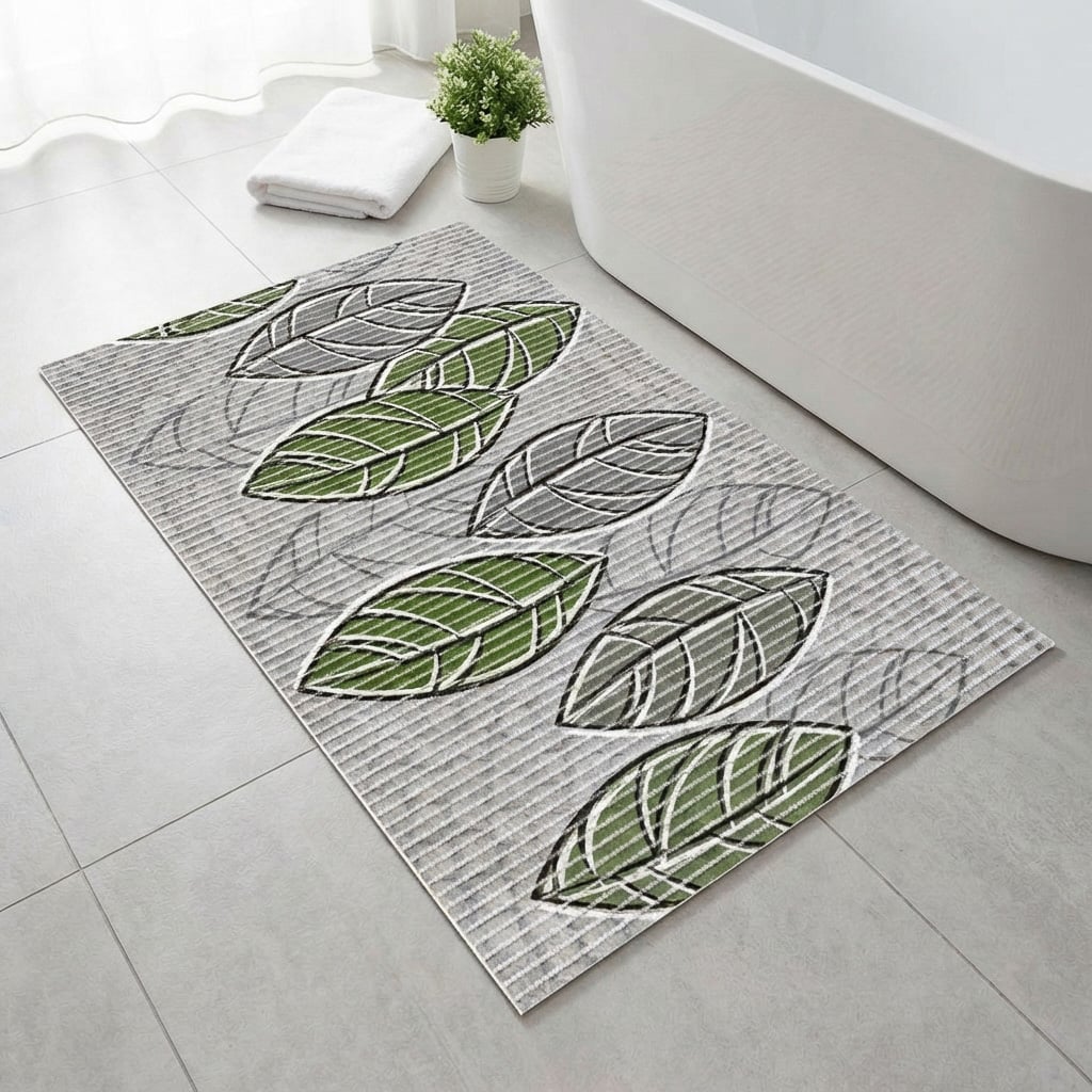 Levně Pěnová předložka PVC AQUAMAT 573D, velké listy zelené na šedé, šíře 65cm (metráž)