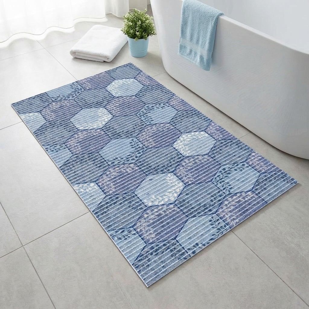 Levně Pěnová předložka PVC AQUAMAT 591-A, plástve modré s lístečky, šíře 65cm (metráž)
