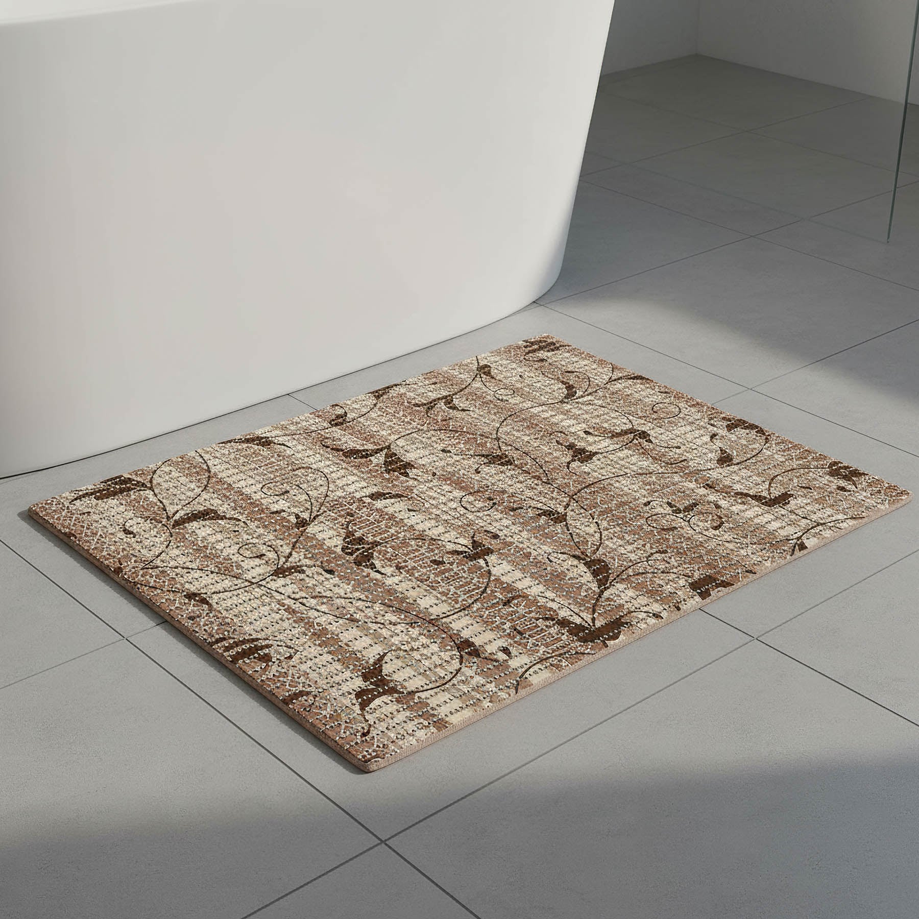 Pěnová předložka PVC AQUAMAT 6050-4, rostlinný ornament hnědý, šíře 65cm (metráž)