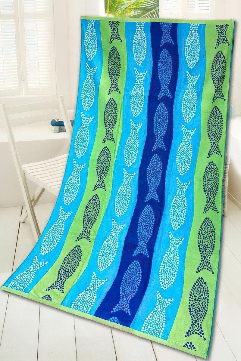 Plážová osuška BORA BORA modrá froté, rybičky, zeleno-modrá, 90x170cm