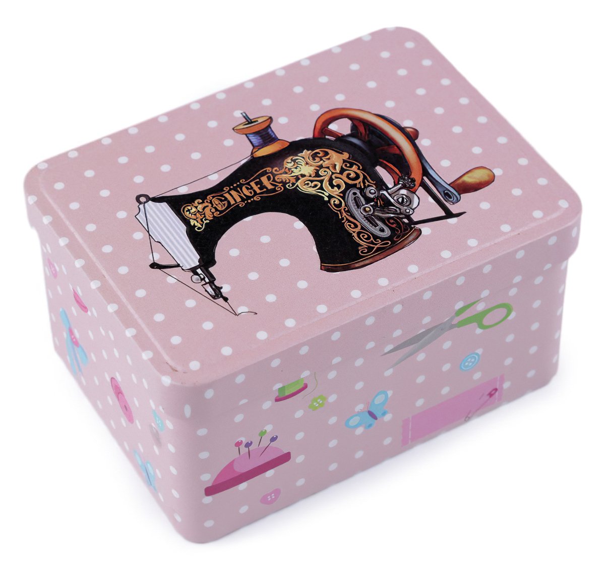 Stoklasa Krabička na šití a jehly, plechová 790322/3, pudrová s puntíky, 9,5 x 12,5 x 6,5cm (obdélník)