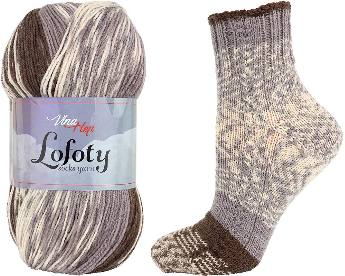 Pletací / háčkovací příze Vlna-Hep LOFOTY 7804 hnědo-béžová, vzorovaná, ponožková, 100g/420m