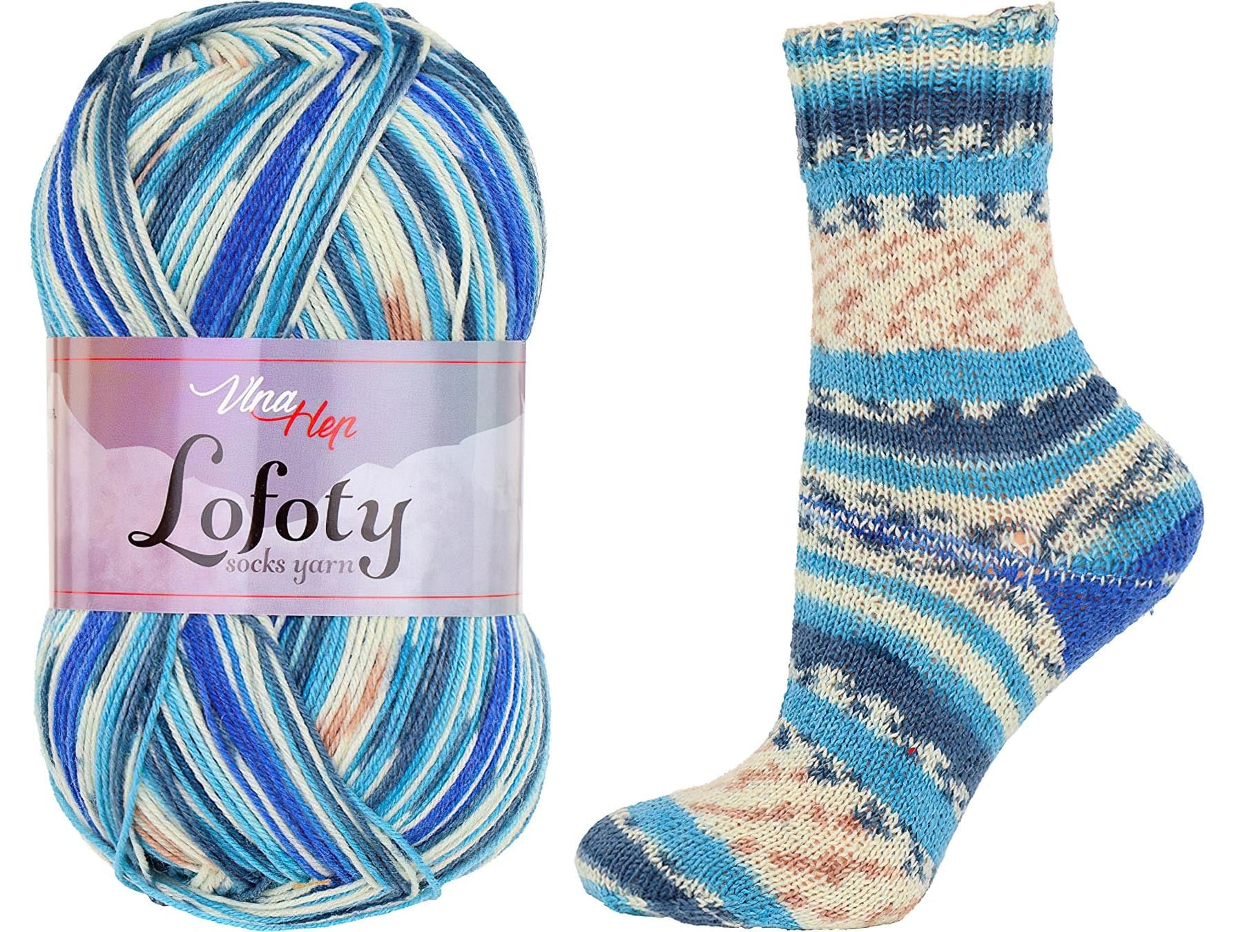 Pletací / háčkovací příze Vlna-Hep LOFOTY 7817 světle-modro-béžová, vzorovaná, ponožková, 100g/420m