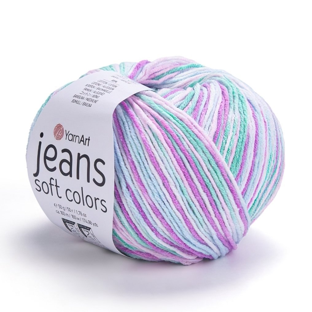 Pletací / háčkovací příze YarnArt JEANS SOFT COLORS 6202 zeleno-fialovo-modrá, melírovaná, 50g/160m