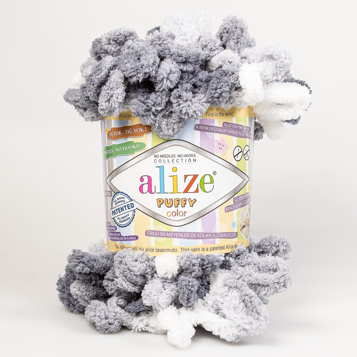 Pletací příze Alize PUFFY COLOR 5925 šedo-bílý melír, efektní, 100g/9m