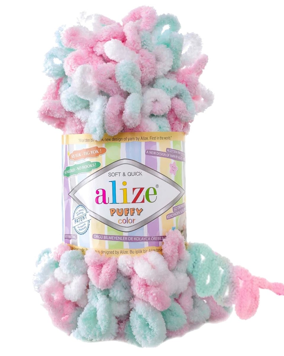 Pletací příze Alize PUFFY COLOR 6052 zeleno-růžovo-bílý melír, efektní, 100g/9m