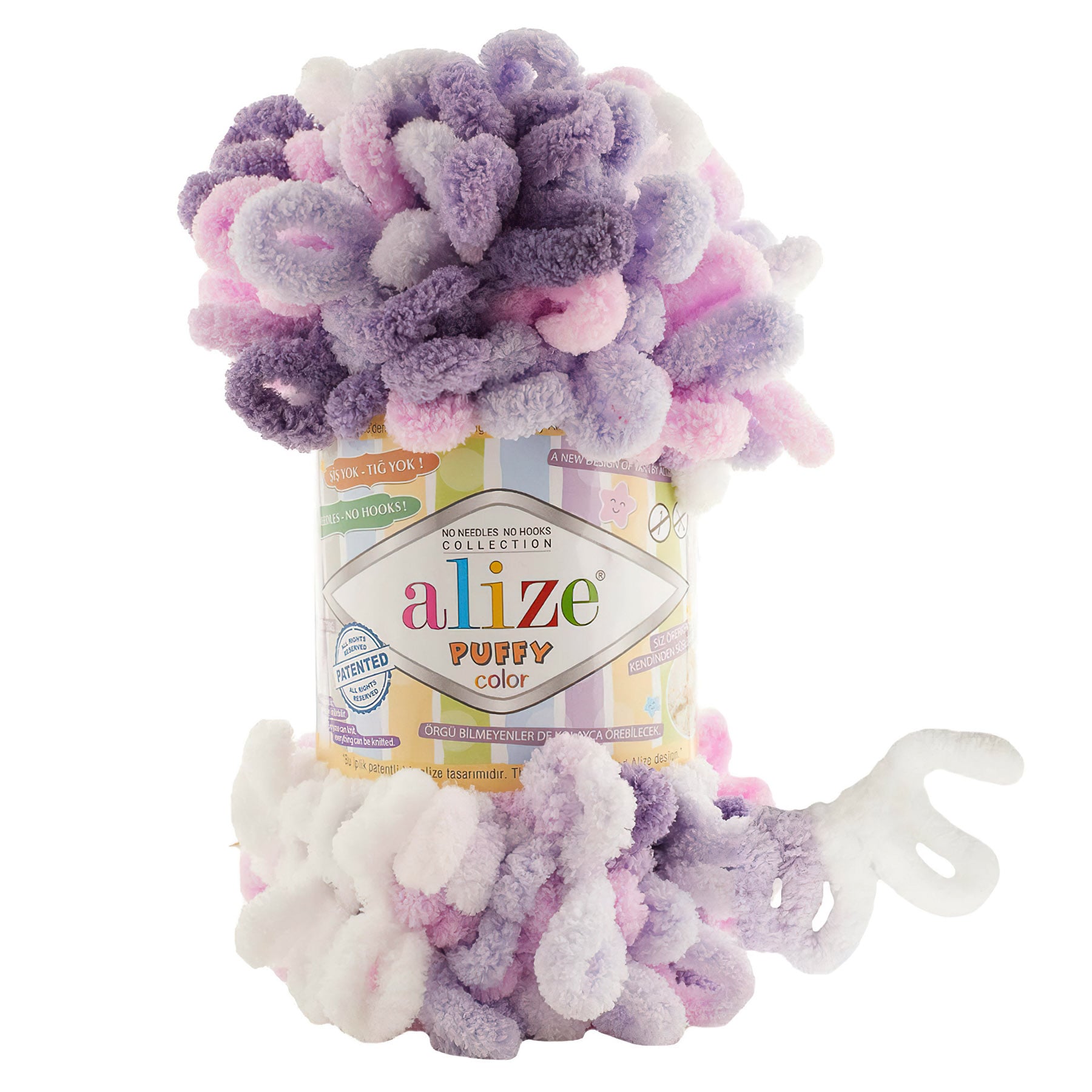 Levně Příze s oky Alize PUFFY COLOR pro ruční pletení bez jehlic, 6305 fialovo-bílo-růžový melír, efektní, 100g/9m