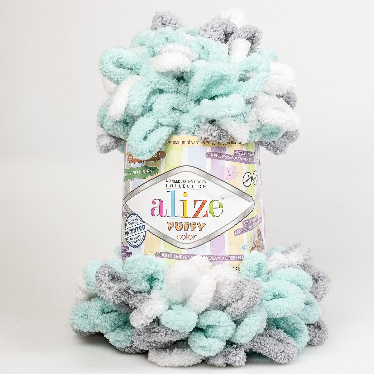 Pletací příze Alize PUFFY COLOR 6408 zeleno-šedo-bílý melír, efektní, 100g/9m