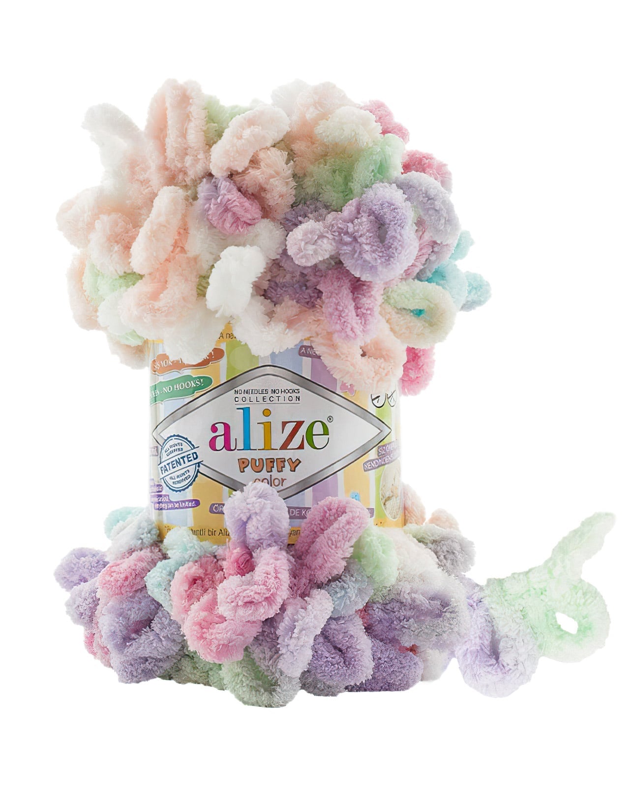 Levně Příze s oky Alize PUFFY COLOR pro ruční pletení bez jehlic, 6526 vícebarevný melír, efektní, 100g/9m