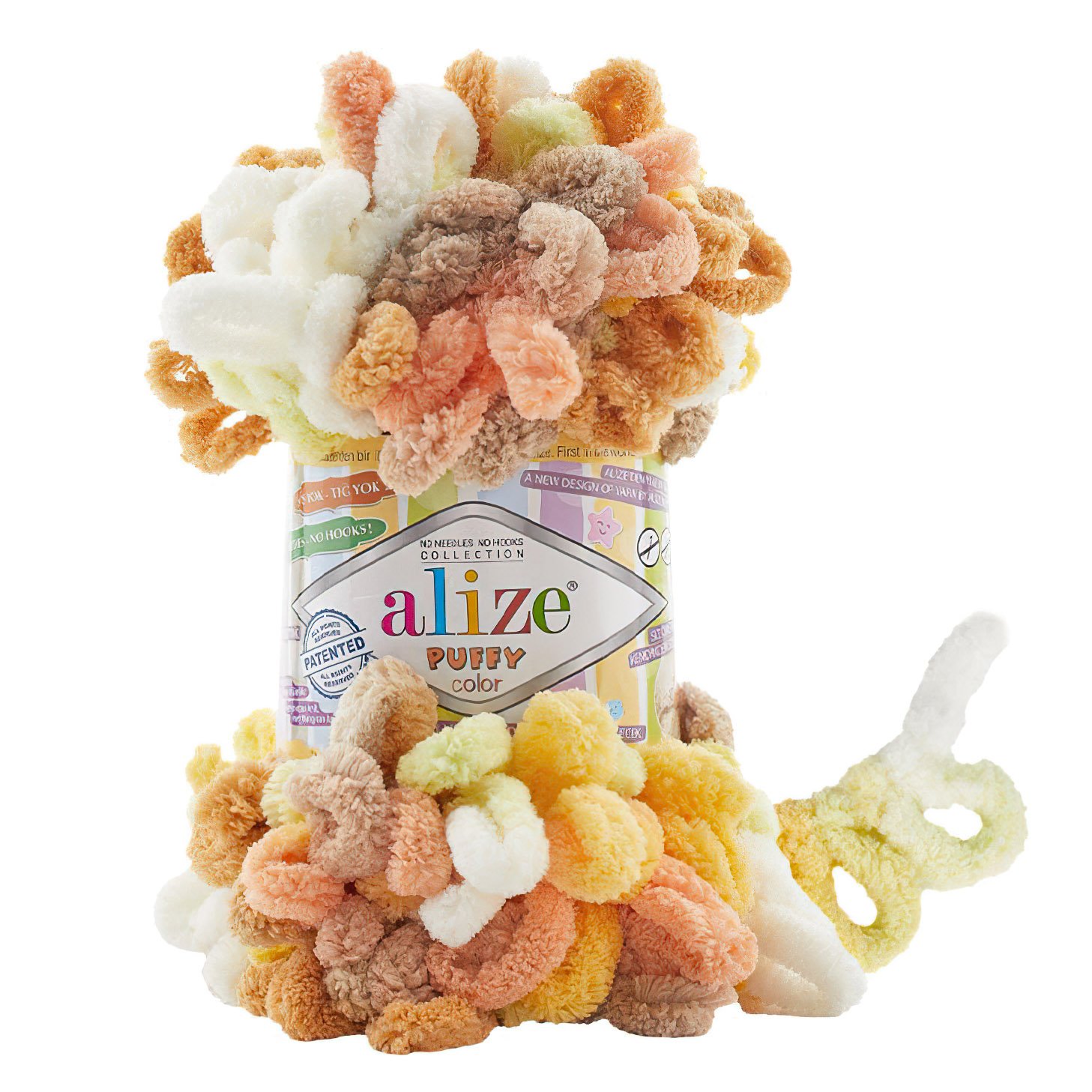 Levně Příze s oky Alize PUFFY COLOR pro ruční pletení bez jehlic, 6528 hnědo-béžový melír, efektní, 100g/9m