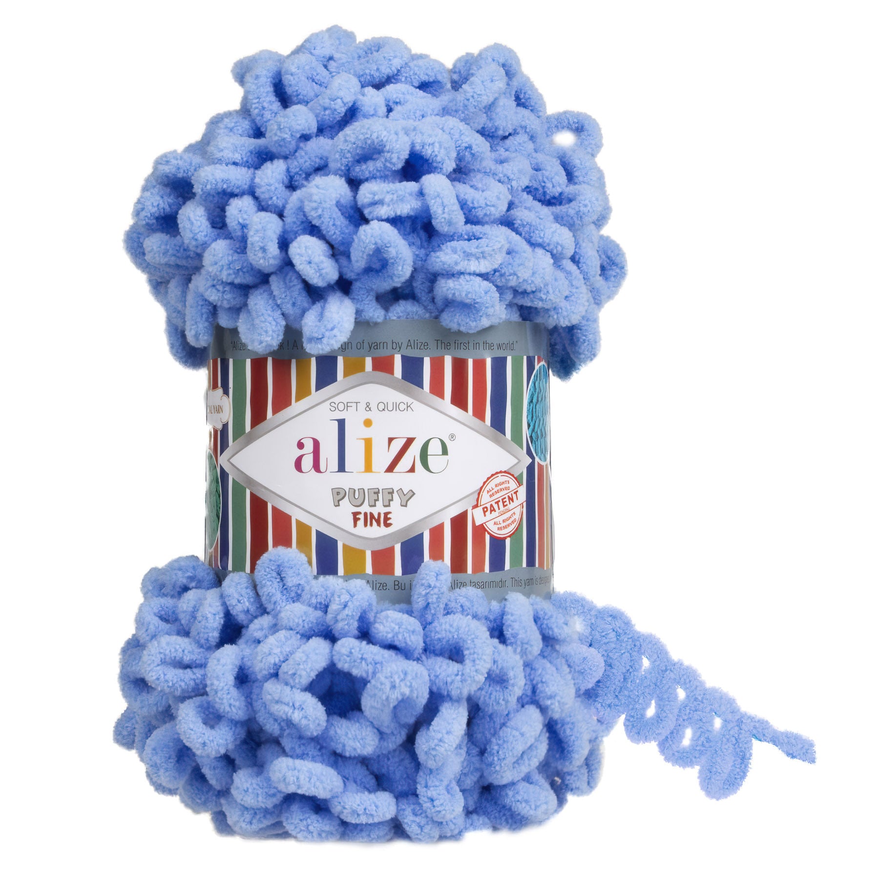 Pletací příze Alize PUFFY FINE 112 azurově modrá, efektní, 100g/14m