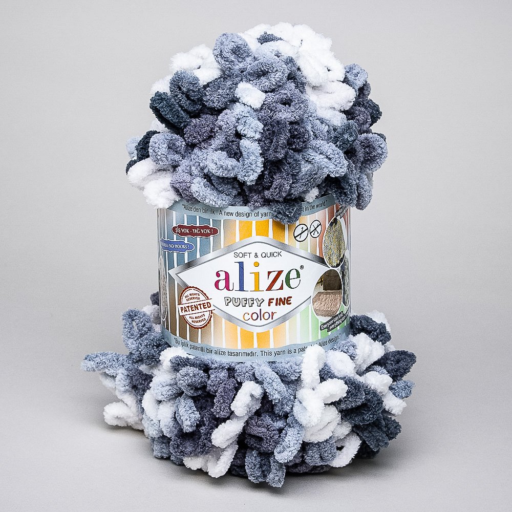 Pletací příze Alize PUFFY FINE COLOR 5925 šedo-bílý melír, efektní, 100g/14m