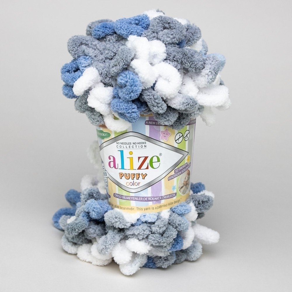 Levně Příze s oky Alize PUFFY COLOR pro ruční pletení bez jehlic, 6075 modro-šedo-bílý melír, efektní, 100g/9m