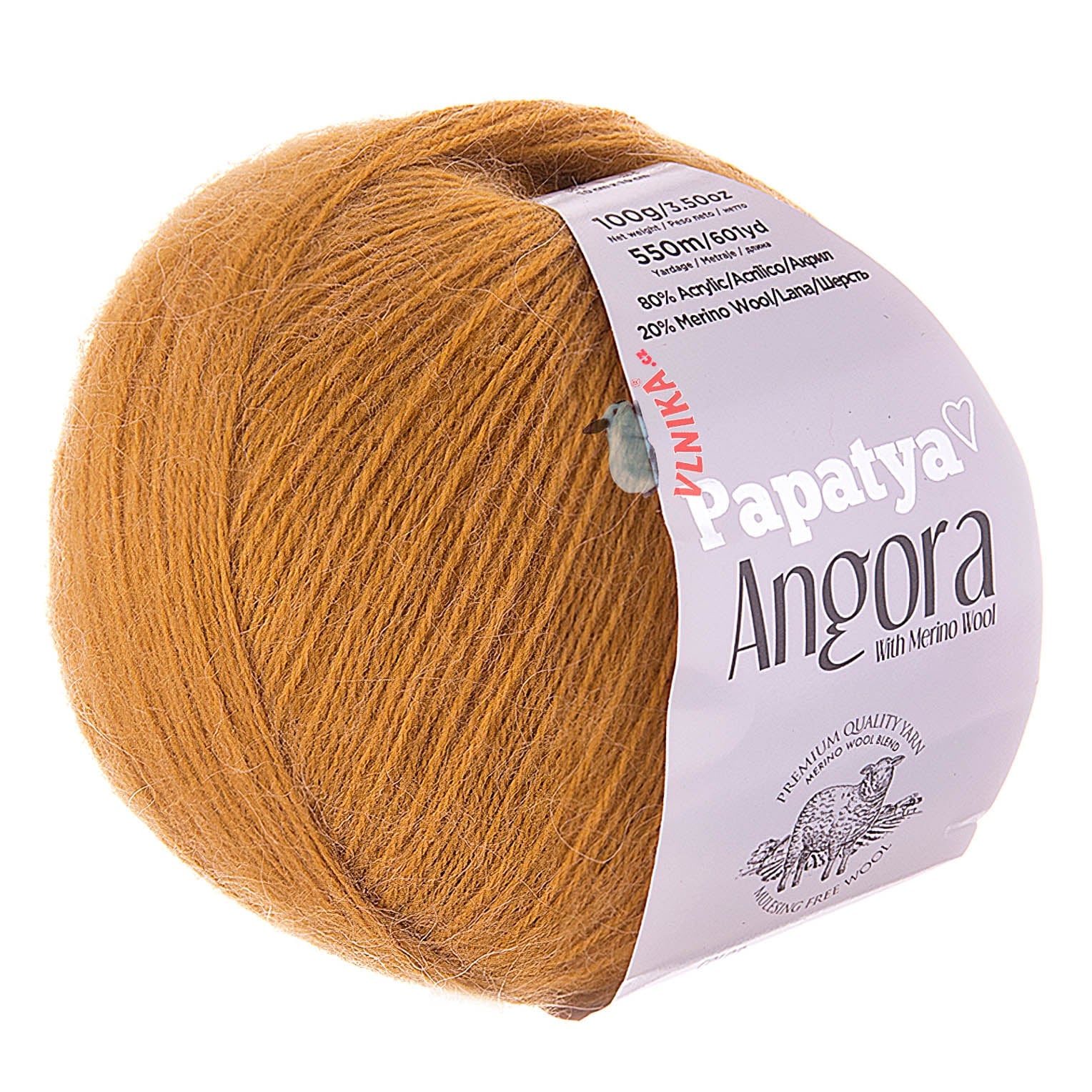 Vlnika Pletací příze PAPATYA ANGORA MERINO 8740 hořčicová, jednobarevná, s vlasem, 100g/550m
